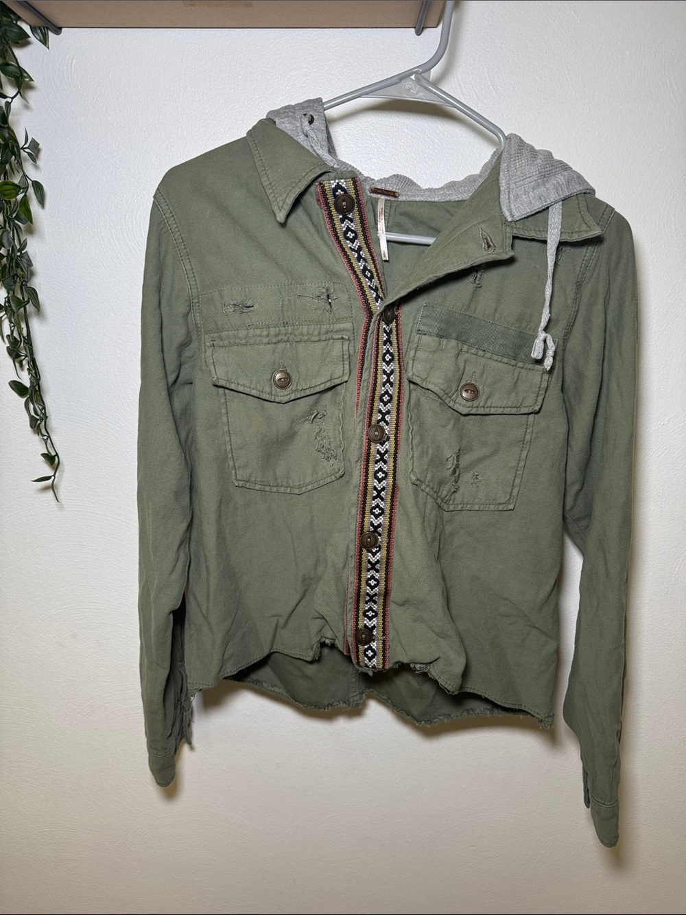 Free people Olive Green Hooded Jacket with Embroidered Trim size S